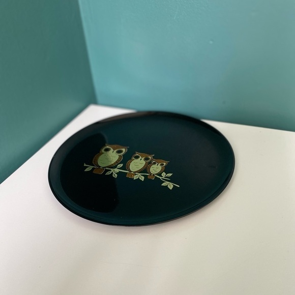 STUNNING Vintage MCM Owl Family of 3 on Branch Gold Display Plate Made in Japan - Picture 4 of 10